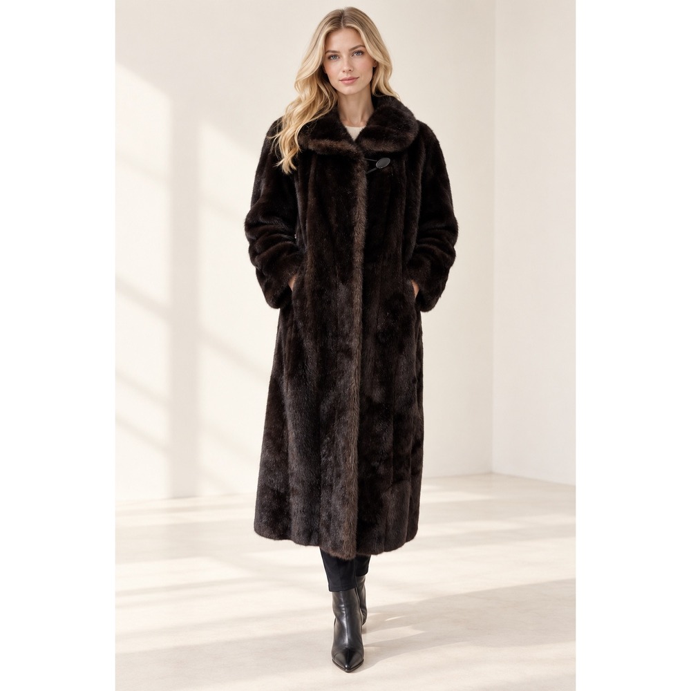 Vintage Faux Fur Long Coat Dark Brown Shawl Collar Toggle Made in USA Mob Wife